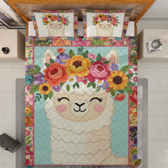 Lotusprinthandmade Floral Llama Quilt Bedding Set (White Binding) 5 Sizes (Made in Vietnam) (70x80) – Llama Pattern Quilt Set