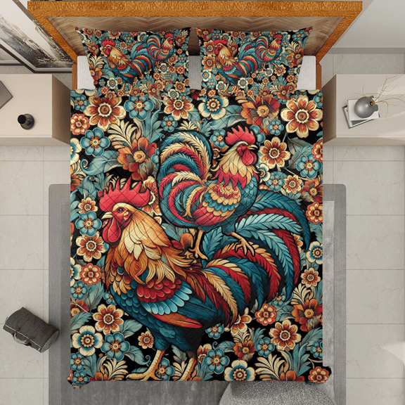Lotusprinthandmade Floral Rooster Quilt Bedding Set (White Binding) 5 Sizes (Made in Vietnam) (55x60), Rustic Rooster And Floral Quilt Bedspread