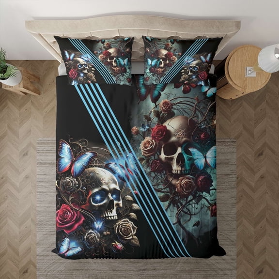 Lotusprinthandmade Floral Skull Halloween Bedding Set, Multicolor, 78x88
