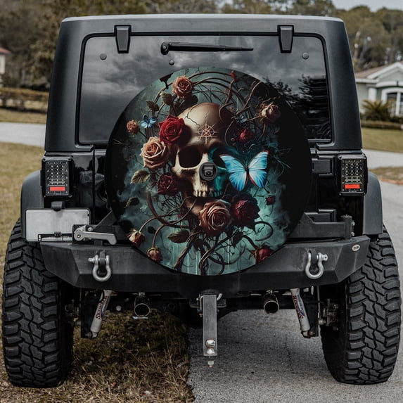 Lotusprinthandmade Floral Skull Halloween Lovers Spare Tire Cover With Backup Camera Hole 6 Sizes (34 in. V2)