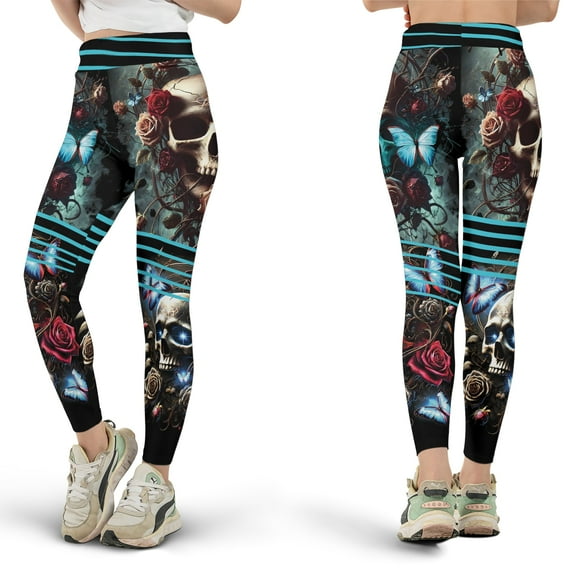 Lotusprinthandmade Floral Skull Halloween Print All-over Print Leggings XS-5XL (XS), High-Waist Leggings For Lovers