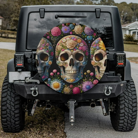 Lotusprinthandmade Floral Skull Spare Tire Cover Without Backup Camera Hole 6 Sizes (27 in.)