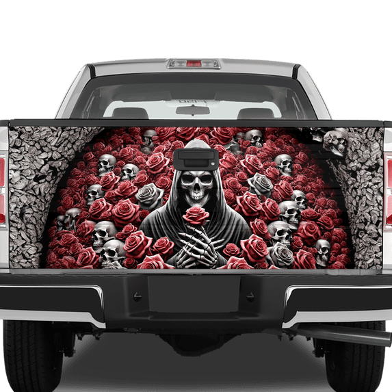 Lotusprinthandmade Floral Skull Tailgate Wrap 26"x66", Skull Lover Truck Tailgate Sticker Decal Wrap