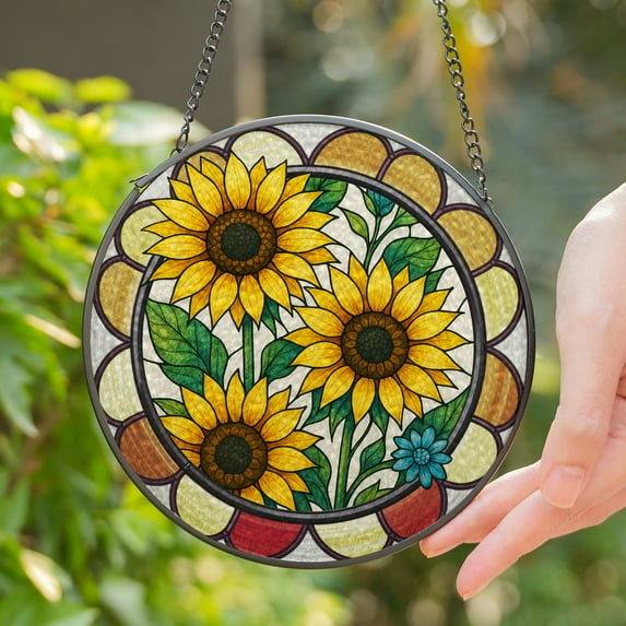 Lotusprinthandmade Floral Stained Glass Suncatcher for Window Hanging Cir9.8in, Floral Window Decor, Colorful Glass Art Gift