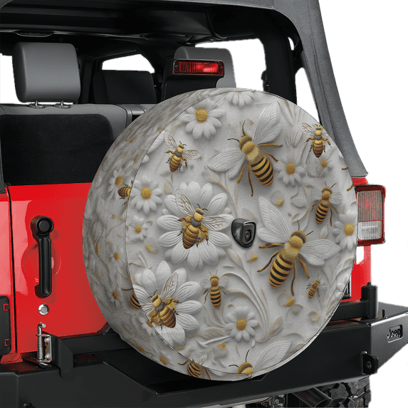 Lotusprinthandmade Floral and Bee 3D Spare Tire Cover With Backup Camera Hole 6 Sizes (30 in.), vintage bee 3d spare wheel protector