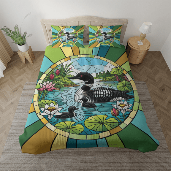 Lotusprinthandmade Flying Loon Bird Bedding Set (Made in Vietnam) (60x80), flying loon bird bedspread, nature-inspired flying loon bird comforter set