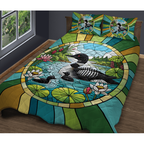 Lotusprinthandmade Flying Loon Bird Quilt Bedding Set (White Binding) 5 Sizes (Made in Vietnam) (80x90), flying loon bird lovers quilt, bird lovers bedspread