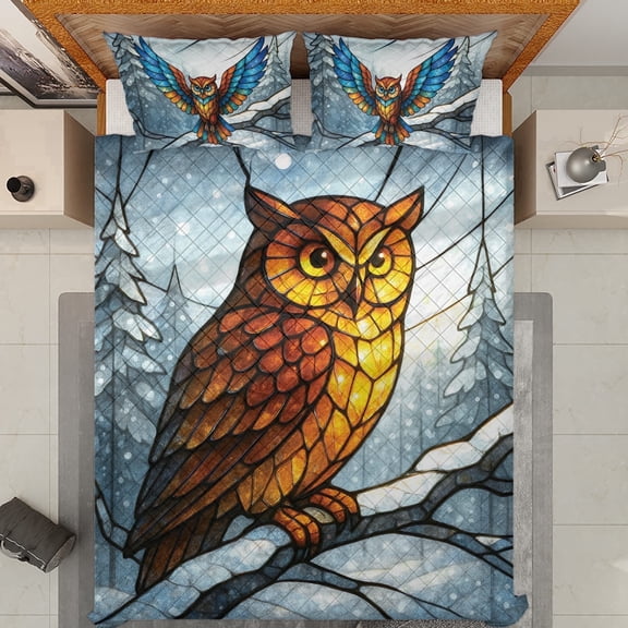 Lotusprinthandmade Flying Owl Quilt Bedding Set, Fold Hem, 80x90