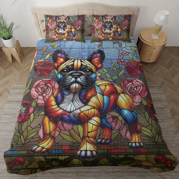 Lotusprinthandmade French Bulldog Dog 3D Bedding Set, Multicolor, 104x88