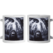 Lotusprinthandmade Funny Bigfoot Sasquatch Alien UFO White Ceramic Mug (11oz) (Made In US), Humorous Bigfoot and Alien Coffee Cup, Quirky UFO Design Mug