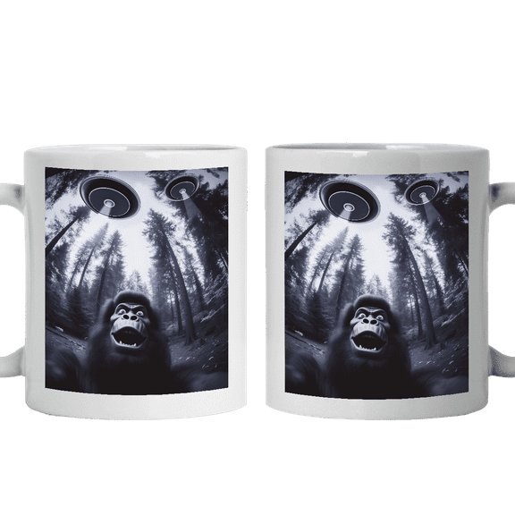 Lotusprinthandmade Funny Bigfoot Sasquatch Alien UFO White Ceramic Mug (11oz) (Made In US), Humorous Bigfoot and Alien Coffee Cup, Quirky UFO Design Mug