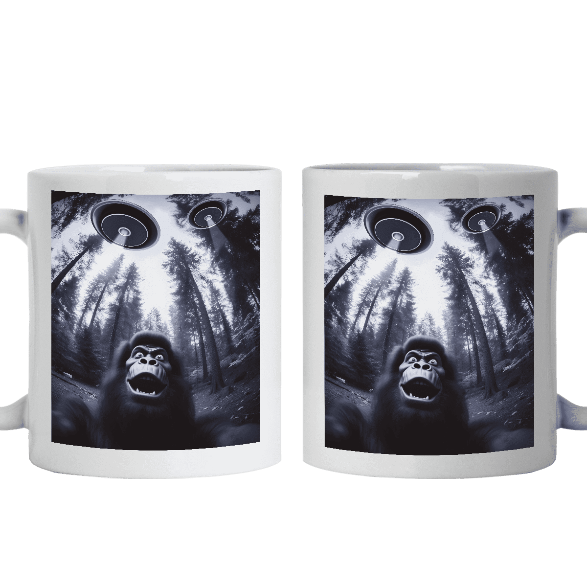 Lotusprinthandmade Funny Bigfoot Sasquatch Alien UFO White Ceramic Mug (15oz) (Made In US), Humorous Bigfoot and Alien Coffee Cup, Quirky UFO Design Mug