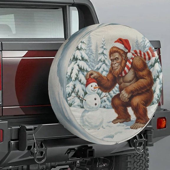 Lotusprinthandmade Funny Bigfoot and Snowman Christmas Graphic Spare Tire Cover Without Backup Camera Hole 6 Sizes (27 in.), christmas themed tire cover