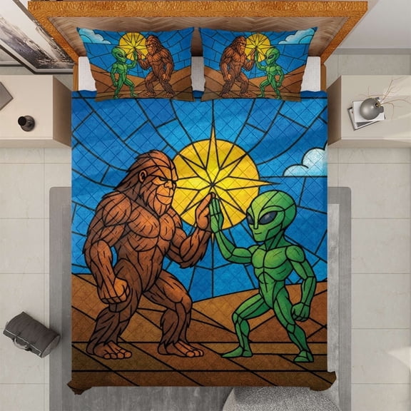 Lotusprinthandmade Funny Bigfoot and UFO Quilt Bedding Set, White Binding, 80x90