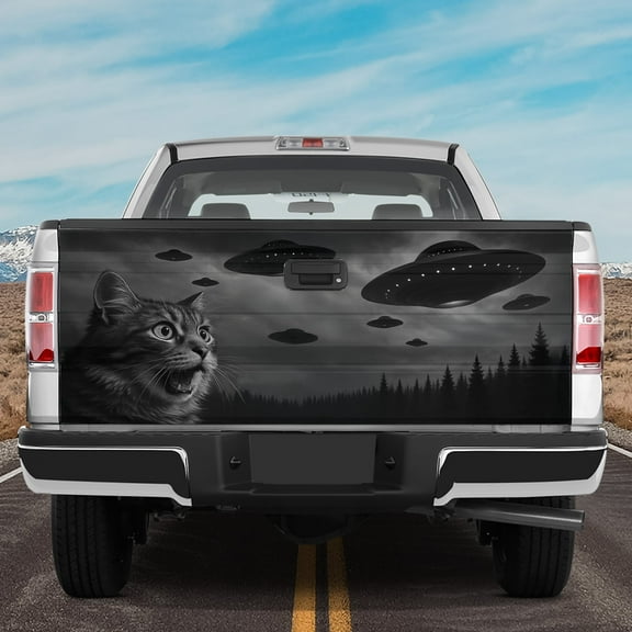 Lotusprinthandmade Funny Cat and UFO Tailgate Wrap 2 Sizes (24"x58"), cat lovers tailgate wrap, ufo and cat truck tailgate wrap