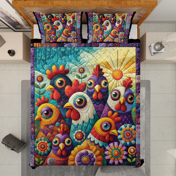 Lotusprinthandmade Funny Chicken Quilt Bedding Set (White Binding) 5 Sizes (Made in Vietnam) (90x100), Humorous Chicken-Themed Bedding, Cozy Farm Animal Quilt