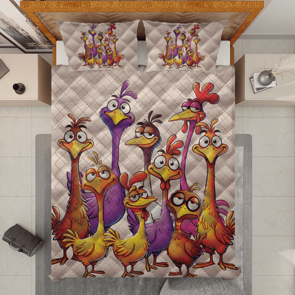 Lotusprinthandmade Funny Chicken Quilt Bedding Set (White Binding) 5 Sizes (Made in Vietnam) (55x60), Humorous Chicken-Themed Quilt Set