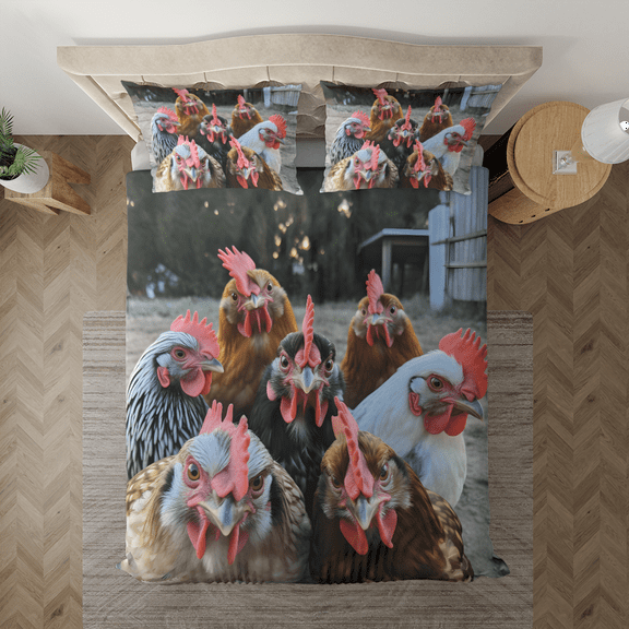 Lotusprinthandmade Funny Chicken Rooster Animal Selfie Bedding Set (Made in Vietnam) (104x88), Humorous Chicken-Themed Bedding Set