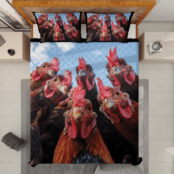Lotusprinthandmade Funny Chicken Rooster Animal Selfie Quilt Bedding Set, White Binding, 60x70, Humorous Chicken Quilt Bedding