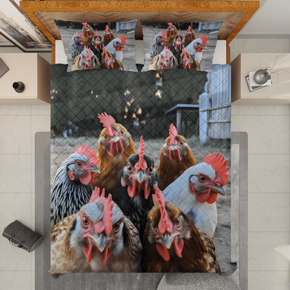 Lotusprinthandmade Funny Chicken Rooster Animal Selfie Quilt Bedding Set (White Binding) 5 Sizes (Made in Vietnam) (80x90), Humorous Chicken Quilt Bedding