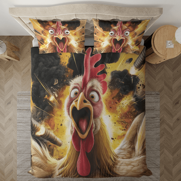 Lotusprinthandmade Funny Chicken Theme Bedding Set (Made in Vietnam) (60x80), Quirky Chicken Design Bed Set