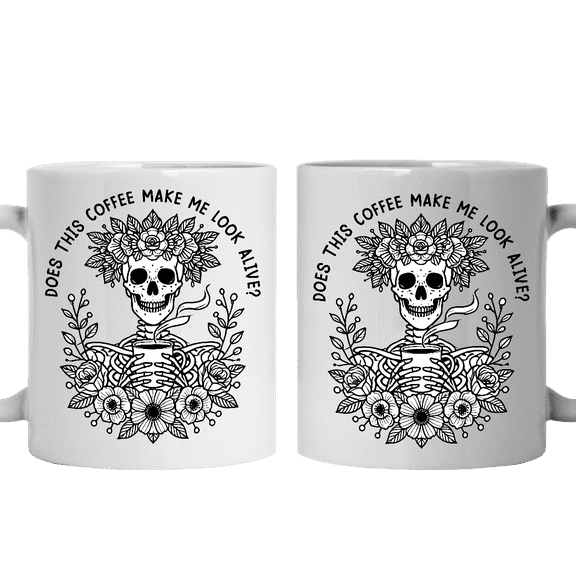 Lotusprinthandmade Funny Coffee Skeleton Does This Coffee Make Me Look Alive White Ceramic Mug (11oz) (Made In US)