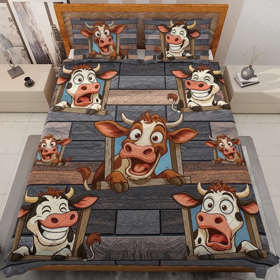 Lotusprinthandmade Funny Cow Lovers Graphic Quilt Bedding Set, White Binding, 90x100