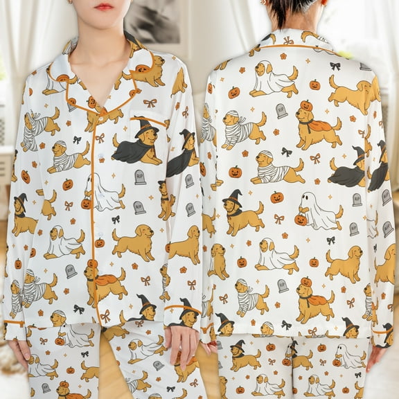 Lotusprinthandmade Funny Golden Retriever Halloween All-over Print Satin Pajamas Set (S), golden retriever holiday pajamas set