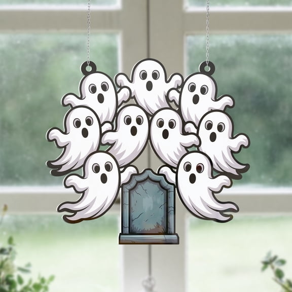Lotusprinthandmade Funny Halloween Skeleton Spooky Graphic Custom Shape Window Hanging Acrylic Ornament With Acrylic Charm (8in), Skeleton Halloween Window Hanging Decoration