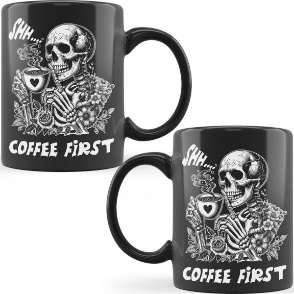 Lotusprinthandmade Funny Skeleton Coffee First Ceramic Mug (11oz)