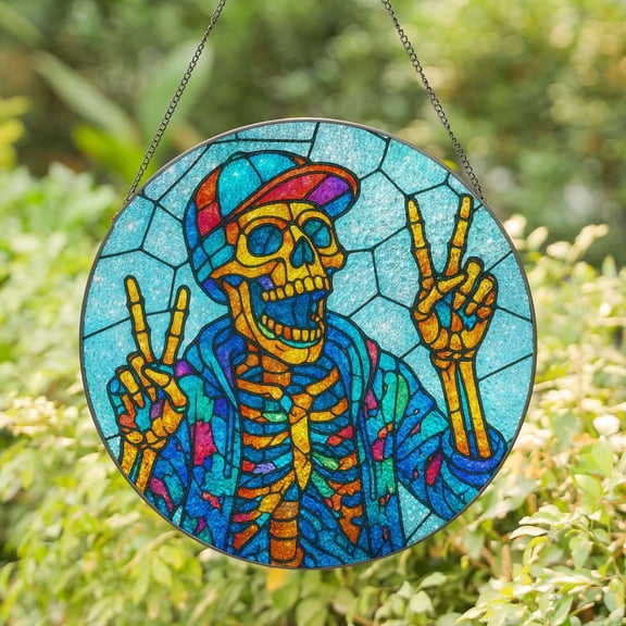 Lotusprinthandmade Funny Skeleton Stained Glass Suncatcher for Window Hanging Cir9.8in