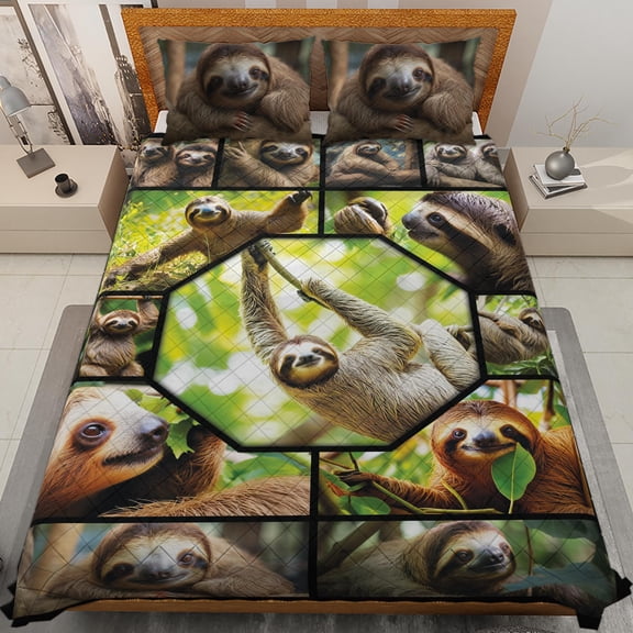 Lotusprinthandmade Funny Sloth Quilt Bedding Set (White Binding) 5 Sizes (Made in Vietnam) (55x60), sloth print quilt, cozy sloth animal quilt bedding