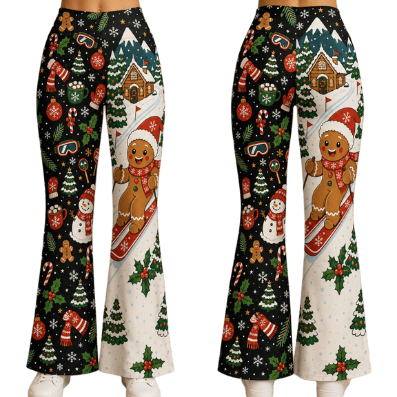 Lotusprinthandmade Funny Snow Christmas Print All-over Print Flare Leggings XS-5XL (XS), cute snow print leggings