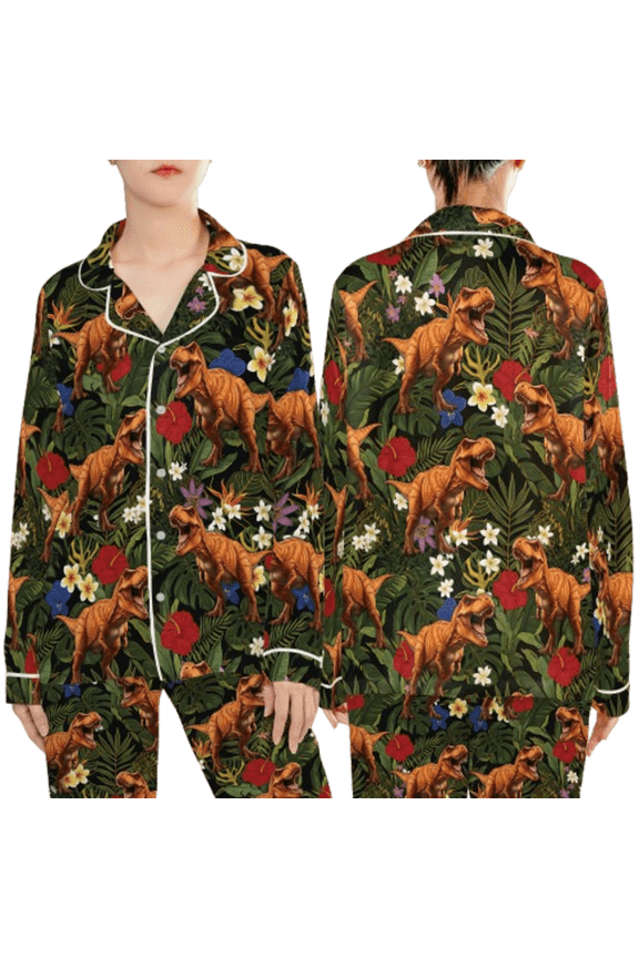 Funny T-Rex Dinosaur Satin Long Sleeve Pajamas Set No Pocket 3XL