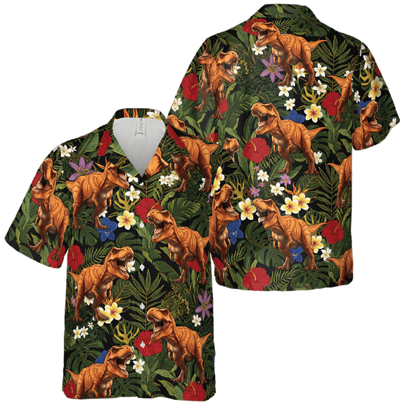 Lotusprinthandmade Funny T-Rex Dinosaur Short-sleeve Hawaiian Shirt S-5XL (S)