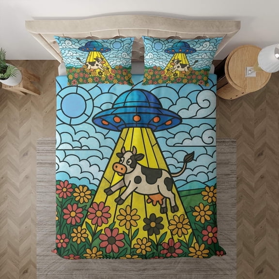 Lotusprinthandmade Funny UFO And Cow Bedding Set (Made in Vietnam) (68x88), Durable And High-Quality Bedding
