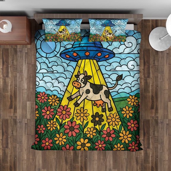 Lotusprinthandmade Funny UFO And Cow Quilt Bedding Set (Fold Hem) 5 Sizes (Made in Vietnam) (80x90), Funny UFO And Cow Art Quilt Bedding Set