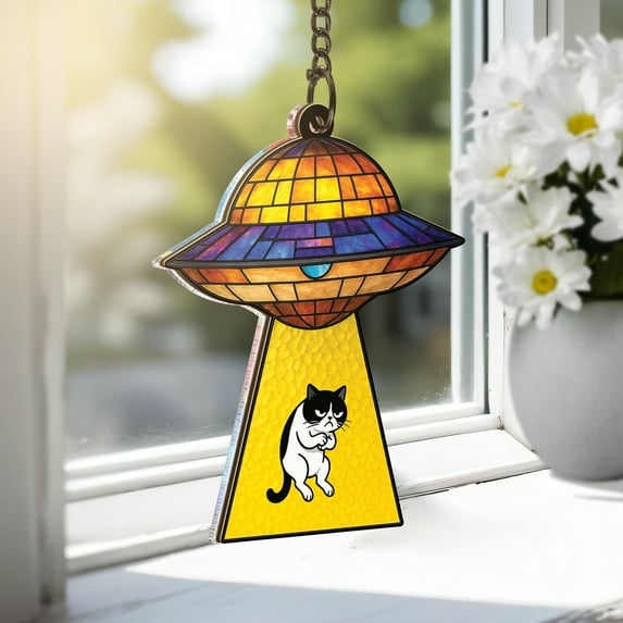 Lotusprinthandmade Funny UFO Cat Custom Shape Window Hanging Suncatcher 8in – Window Hanging With Funny UFO Cat Theme