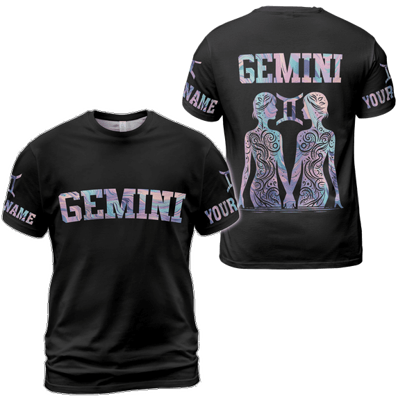 Lotusprinthandmade Gemini Personalized Name Zodiac Sign Unisex T-shirt 3D S-5XL Multicolor