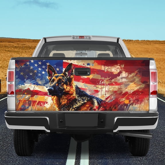 Lotusprinthandmade German Shepherd Dog Patriotic US Flag 3D Tailgate Wrap 2 Sizes (24"x58"), Us Flag Dog Truck Vinyl Decal