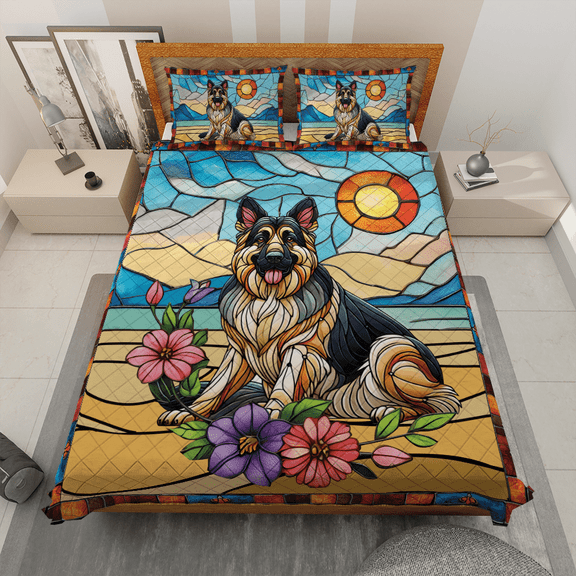 Lotusprinthandmade German Shepherd Dog Pattern Quilt Bedding Set White Binding