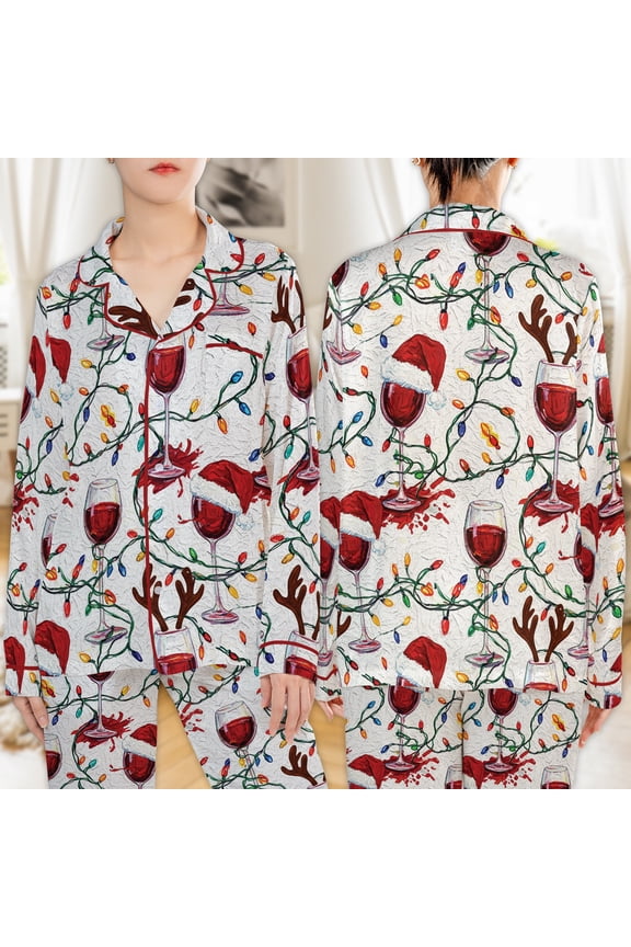 Glass of Wine with Christmas Light Graphic All-over Print Satin Pajamas Set (4XL), christmas sleepwear set