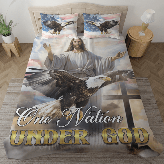 Lotusprinthandmade God Christian Cross Eagle America Flag Bedding Set (Made in Vietnam) (104x88)