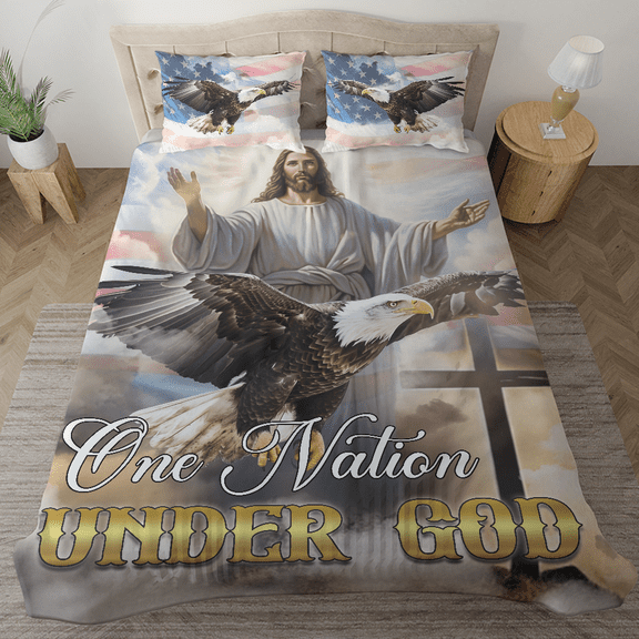 Lotusprinthandmade God Christian Cross Eagle America Flag Bedding Set (Made in Vietnam) (68x88)