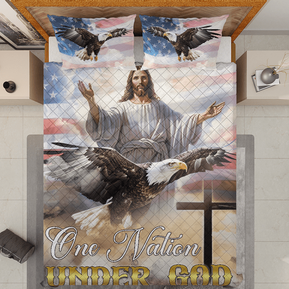 Lotusprinthandmade God Christian Cross Eagle America Flag Patriotic Quilt Bedding Set (White Binding) 5 Sizes (Made in Vietnam) (55x60), Faith-Inspired Patriotic Quilt Bedding