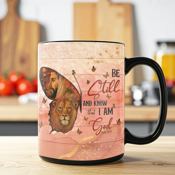 Lotusprinthandmade God Quote Jesus and Lion Black Ceramic Mug (11oz) (Made In US), faith based jesus and lion coffee mug