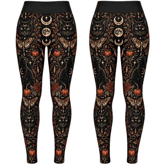 Lotusprint LLC Gothic Black Cat Standard Leggings, Halloween Moth Yoga Pants