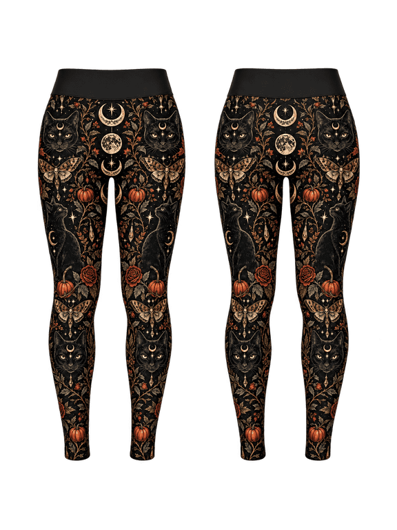 Gothic Black Cat Standard Leggings, Halloween Moth Yoga Pants