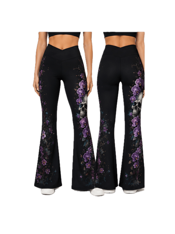 Gothic Orchid Skull Flare Leggings, Dark Floral Bell Bottom Pants
