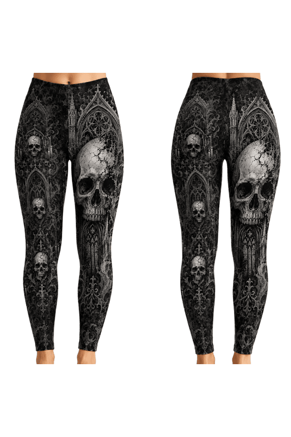 Gothic Skull Print All-over Print Leggings XS-5XL (XS), skeleton print leggings